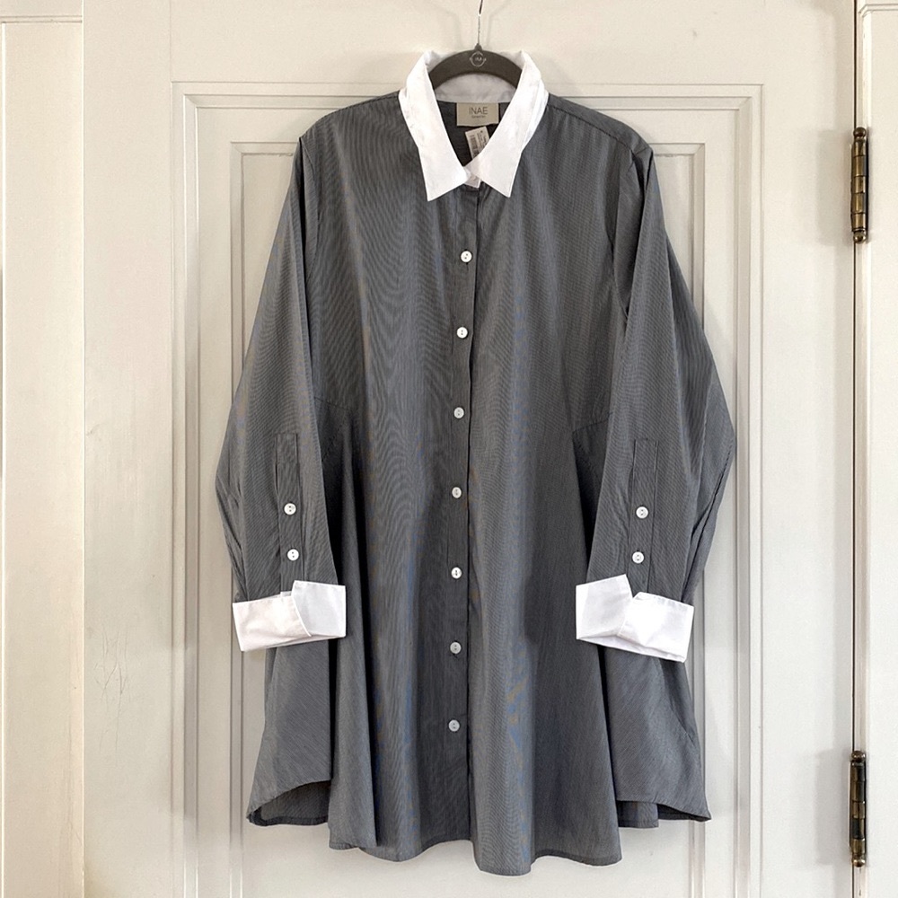 INAE Collection XL Long Swing Bl/White Micro-Striped Shirt